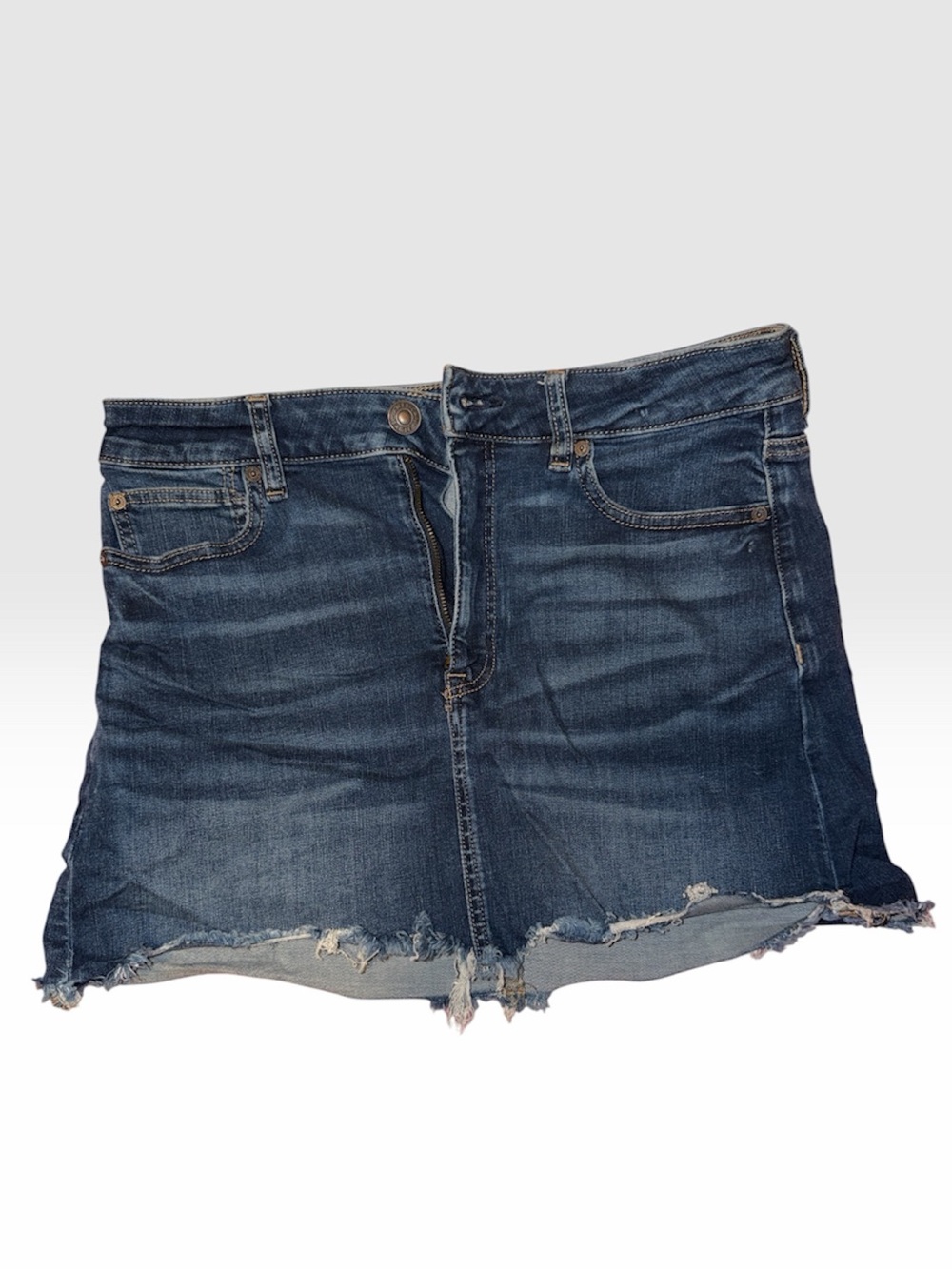 Hi-Rise Denim Mini Skirt Stretchy American Eagle Outfitters Dark Blue Frayed Hem